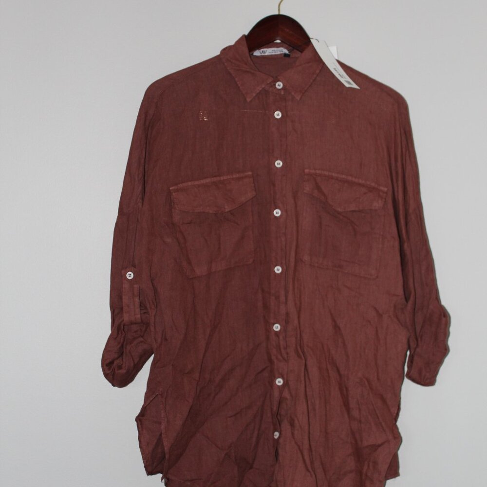 NWT Zara 100% European Grown Linen Oversized Button-Down Shirt XS